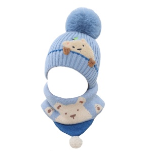 Caciula pentru copii, set doua piese, model pom pom cu ursulet curios, fular asortat tip guler, tematica I’m a friendly little bear, 12 luni – 2 ani, albastra