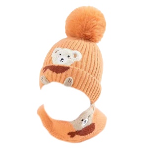 Caciula pentru copii, set doua piese, model pom pom si fulat asortat, tematica familie prietenoasa de ursuleti, 1 – 3 ani, portocalie
