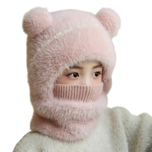 Caciula pentru copii, tip cagula cu guler, model pufos cu urechiuse ascutite, tematica fluffy cozy bear, 1 – 4 ani, roz
