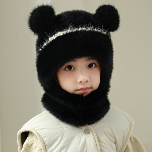Caciula pentru copii, tip cagula cu guler, model pufos cu urechiuse ascutite, tematica fluffy cozy bear, 1 – 4 ani, neagra - Img 4