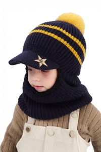 Caciula pentru copii, tip cagula, model cu cozoroc si pompom, accesoriu cute, tematica mica vedeta, 3 - 9, bleumarin