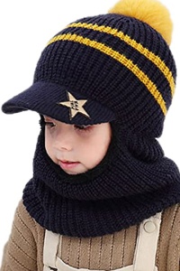 Caciula pentru copii, tip cagula, model cu cozoroc si pompom, accesoriu cute, tematica mica vedeta, 3 - 9, bleumarin - Img 3
