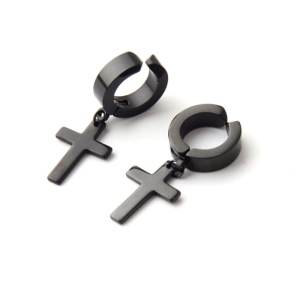 Cercei barbati, cu clips, model cruce, negri, - Img 3