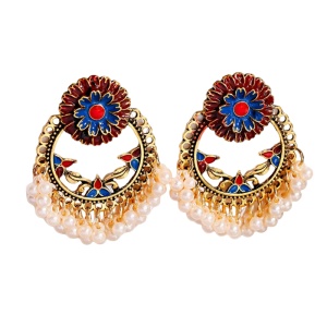 Cercei dama, model retro indian, cu accesorii perlute, rotunzi, rosii