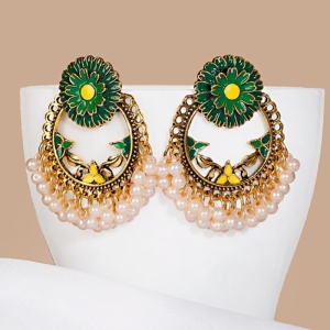 Cercei dama, model retro indian, cu accesorii perlute, rotunzi, verzi - Img 4