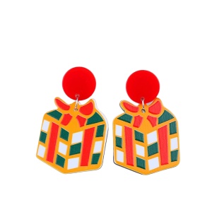 Cercei dama, tematica de Craciun, model de poveste cu cutiuta de cadou si fundita, rosu cu verde