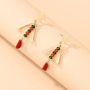 Cercei dama, tematica de Craciun, model vesel si colorat, bradut cu accesoriu tip ornament, aurii - Img 2
