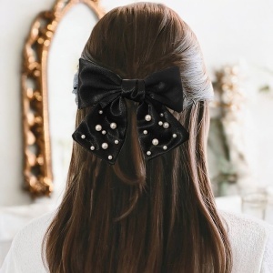 Clama de par, accesorizata cu funda satinata, model elegant cu margelute, tematica fancy lady, neagra - Img 3