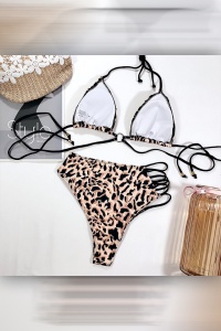 Costum de baie dama, 2 piese, imprimeu animal print leopard, maro, sutien reglabil, slip talie inalta brazilian cu scobitura - Img 2
