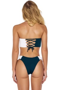 Costum de baie dama, 2 piese, model duo cu accesoriu, sutien prindere la spate tip corset si chilot decupaj clasic croi ingust, tematica beach party alb cu verde - Img 4
