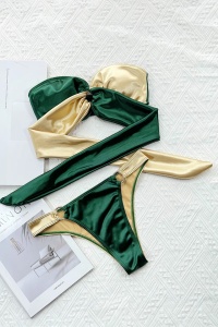 Costum de baie dama, 2 piese, model duo provocator, prindere reglabila crossbody, accesorii rotunde, chilot decupaj clasic croi ingust, tematica beach queen verde cu auriu - Img 3
