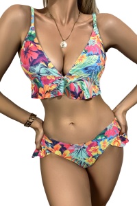 Costum de baie dama, 2 piese, model fashion summer vibe cu flori multicolor