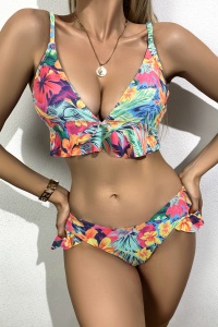 Costum de baie dama, 2 piese, model fashion summer vibe cu flori multicolor - Img 3