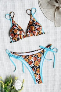 Costum de baie dama, 2 piese, model floral delicat portocaliu cu albastru - Img 2