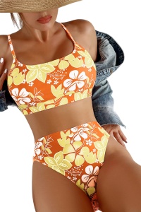 Costum de baie dama, 2 piese, model floral, sutien tip bustiera si chilot cu talie inalta portocaliu