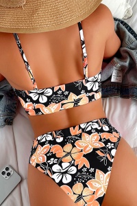 Costum de baie dama, 2 piese, model floral, sutien tip bustiera si chilot cu talie inalta negru - Img 2