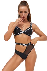 Costum de baie dama, 2 piese, model incitant OMG, sutien prindere in X la spate, chilot cu o parte semitransparenta, tematica sexy bikini summer negru