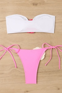 Costum de baie dama, 2 piese, model minimalist elegant si sexy, culori incitante, accesorizat cu flori asortate in contrast, sutien tip bustiera si chilot reglabil, tematica flower bloom roz - Img 2