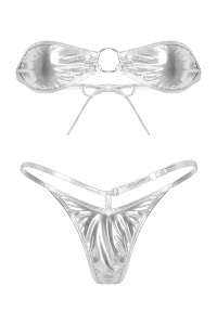 Costum de baie dama, 2 piese, model sexy summer metalic style, accesoriu rotund argintiu - Img 3