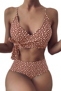 Costum de baie dama, 2 piese, model trendy cu floricele, sutien tip bustiera si chilot cu talie inalta maro
