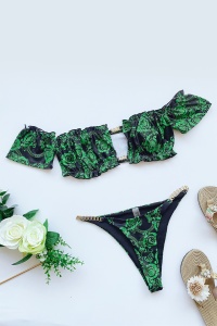 Costum de baie dama, 2 piese, model vintage elegant, cu maneci atasate si accesorii metalice verde - Img 4