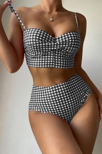 Costum de baie dama, 2 piese, model vintage, sutien tip bustiera si chilot talie inalta, tematica 90's summer dream negru - Img 4