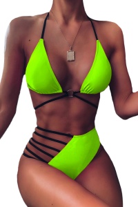 Costum de baie dama, 2 piese, verde, sutien reglabil, slip talie inalta brazilian cu scobitura