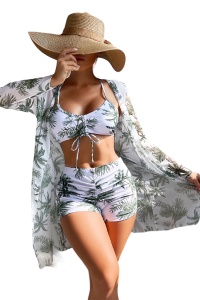 Costum de baie dama, 3 piese, model confortabil elegant pentru vara, sutien tip bustiera, chilot cu fronseu si cover up cu maneci lungi alb