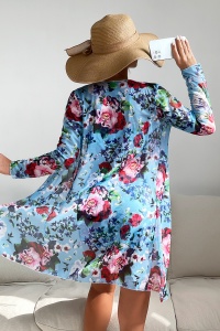 Costum de baie dama, 3 piese, model confortabil elegant pentru vara, sutien tip bustiera, chilot cu fronseu si cover up cu maneci lungi albastru - Img 2
