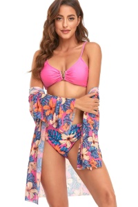 Costum de baie dama, 3 piese, model floral, sutien cu accesoriu metalic, chilot clasic si cover up cu maneci lungi roz