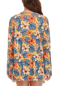 Costum de baie dama, 3 piese, model floral, sutien cu accesoriu metalic, chilot clasic si cover up cu maneci lungi galben - Img 4