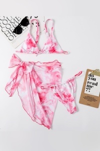 Costum de baie dama, 3 piese, motiv floral, z, slip brazilian, sutien reglabil si esarfa tip fusta - Img 2