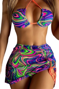 Costum de baie dama, 3 piese, multicolor, chilot brazilian, sutien reglabil si cover up tip fusta cu snur reglabil
