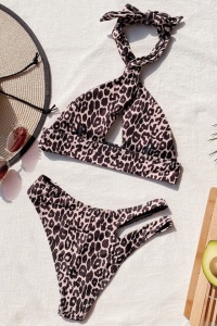 Costum de baie dama, animal print, maro, 2 piese, slip brazilian si sutien cu prindere in V - Img 2