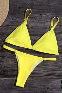 Costum de baie dama, galben, 2 piese, imprimeu uni, sutien reglabil, slip tanga RO - Img 3