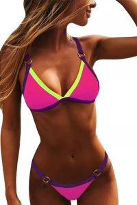 Costum de baie dama, mov cu roz, 2 piese, imprimeu uni, sutien reglabil, slip tanga