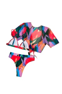 Costum de baie dama, multicolor, 3 piese, slip brazilian talie inalta, sutien cu push-up, bluza subtire cu maneci scurte - Img 4