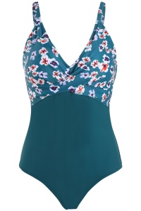 Costum de baie dama, o piesa, clasic cu croi chic, model floral, M3 verde - Img 4