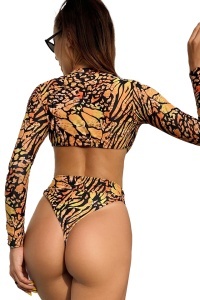 Costum de baie dama, o piesa, cu maneca lunga, imprimeu cu motive tigrate cu accesoriu auriu, slip tanga RO - Img 2