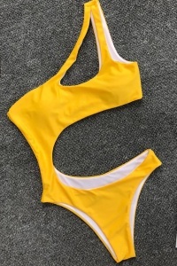 Costum de baie dama, o piesa, galben, slip tanga si sutien cu prindere pe un umar® - Img 2