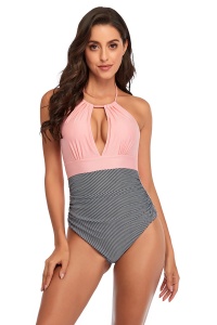 Costum de baie dama, o piesa, model chic summer, detalii care subtiaza si accentueaza talia roz - Img 3
