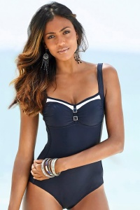 Costum de baie dama, o piesa, model clasic, cu accesoriu la decolteu albastru - Img 3