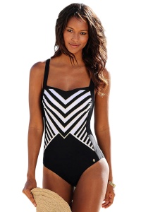 Costum de baie dama, o piesa, model clasic, imprimeu dungi negru