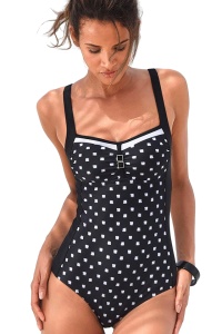 Costum de baie dama, o piesa, model clasic, imprimeu vesel si accesoriu la decolteu negru