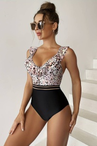 Costum de baie dama, o piesa, model cozy cu volanas la decolteu, imprimeu animal print, tematica wild summer roz - Img 3