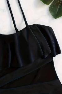 Costum de baie dama, o piesa, model cu volanas pe un umar, semitransparent la abdomen, chilot decupaj clasic croi ingust, tematica sexy and hot negru - Img 3