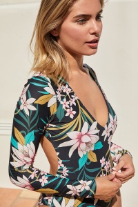 Costum de baie dama, o piesa, model floral, decolteu adanc in V, maneci lungi si spate gol verde - Img 3