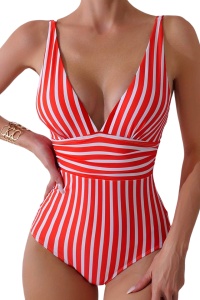 Costum de baie dama, o piesa, model sexy confortabil, decolteu in V si chilot decupaj clasic, tematica hot and cozy summer rosu portocaliu
