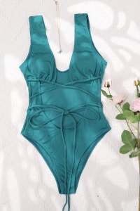 Costum de baie dama, o piesa, model sexy tropical green, cu decolteu adanc in V reglabil verde inchis - Img 4