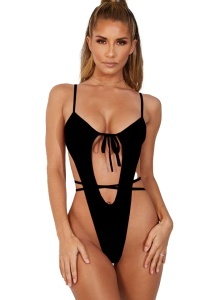 Costum de baie dama, o piesa, negru, slip tanga RO